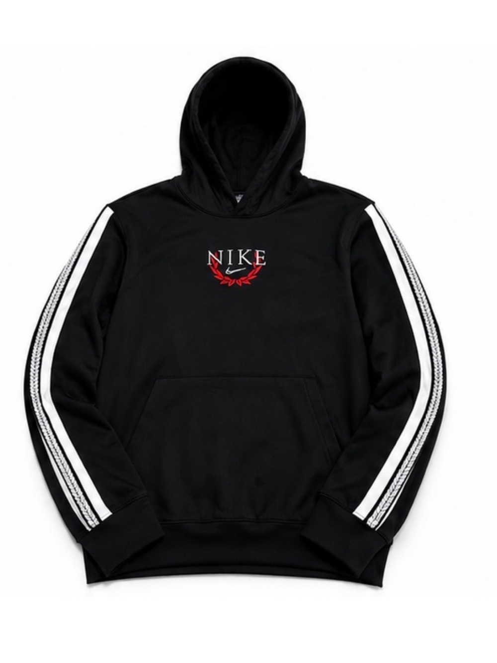 Nike Black Hoodie with Silver Sleeve Stripes and Red Logo